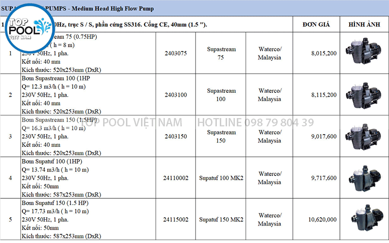 báo giá máy bơm hồ bơi Waterco