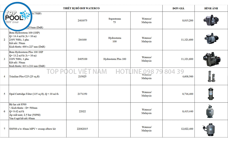 báo giá thiết bị hồ bơi Waterco