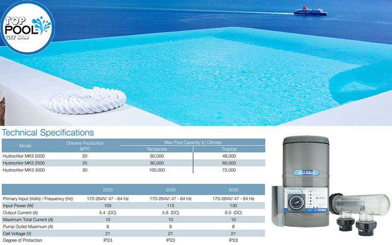 Thông số kỹ thuật máy điện phân muối Waterco Hydrochlor MK3 2000